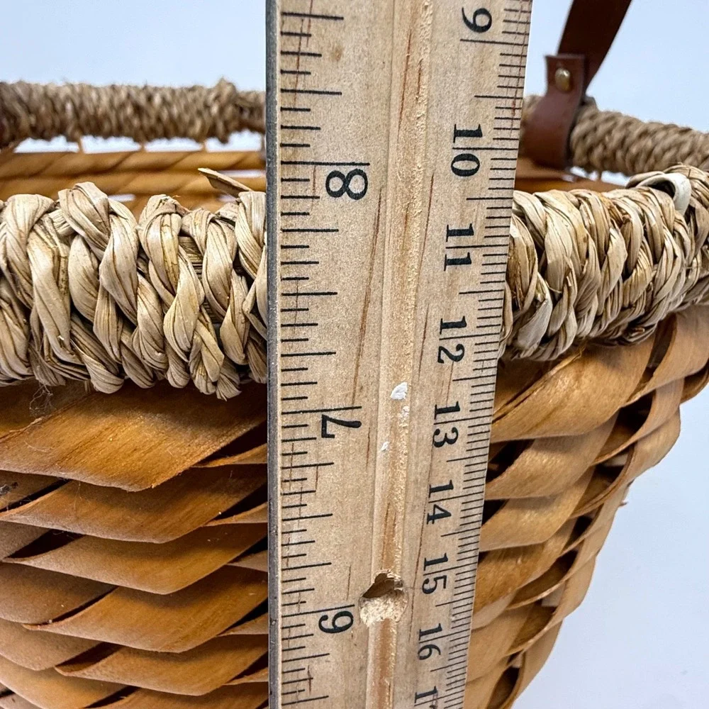 Rustic Woven Wood Basket with Seagrass Rim and Leather Handles Brown 11x8